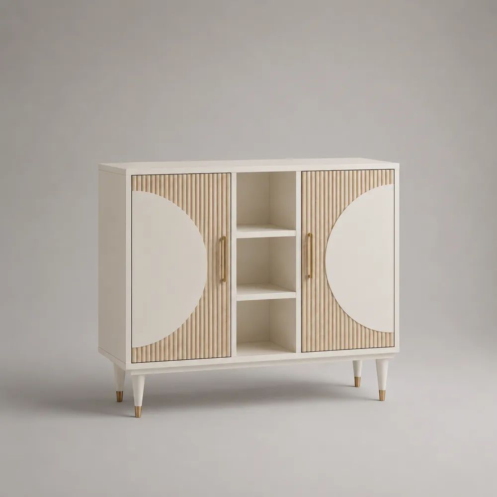 Sideboard aus MDF mit 2 Türen und 3 offenen Fächern, Cremeweiß/Beige/Goldfarben, 120 × 40 × 100 cm