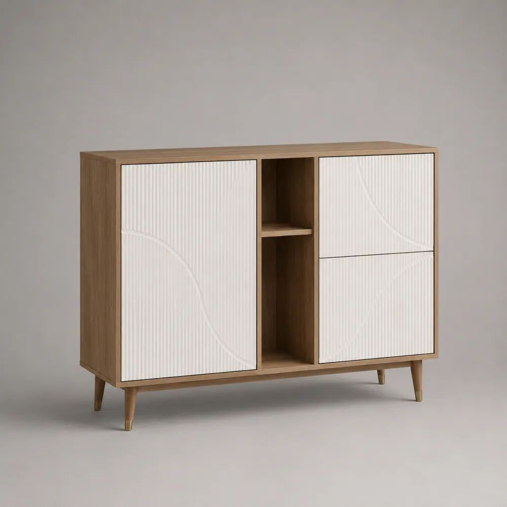 Sideboard aus MDF und Spanplatte mit 3 Türen und 2 offenen Fächern, Eichefarben/Weiß, 120 × 40 × 90 cm