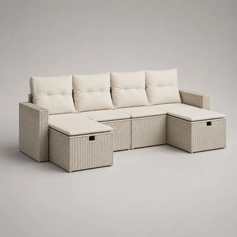 6-teiliges U-förmiges Gartenlounge-Set aus PE-Rattan und Stahl mit Stauraum, Beige/Cremeweiß, ca. 280 × 145 × 72 cm