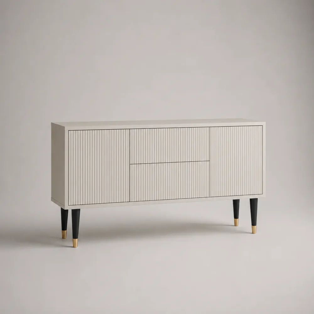 Rechteckiges Sideboard aus MDF mit 2 Türen und 2 Schubladen, Cremeweiß/Schwarz/Gold, 140 × 40 × 80 cm