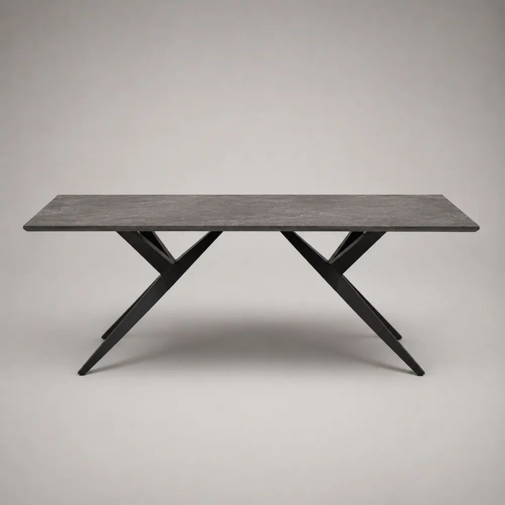 Rechteckiger Esstisch mit MDF-Platte in grauer Steinoptik und schwarzem Stahlgestell, 160 × 90 × 75 cm