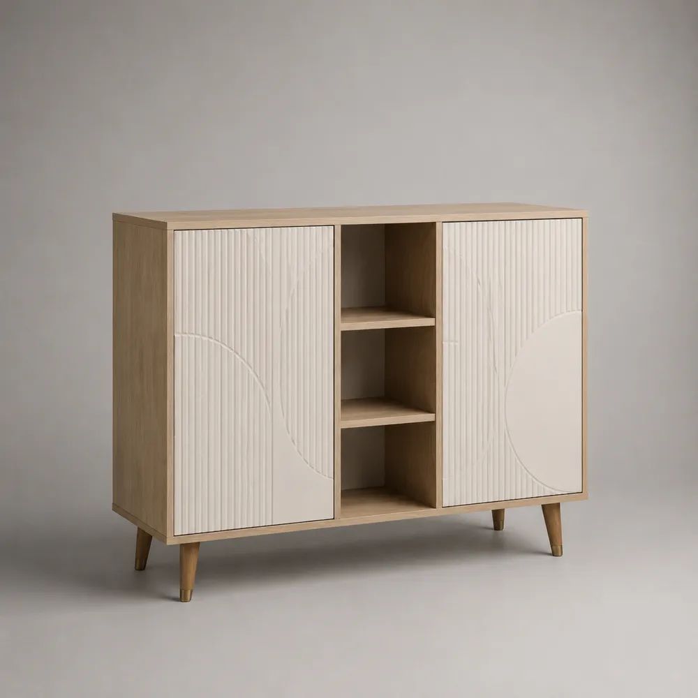 Sideboard aus MDF und Spanplatte mit 2 Türen und 3 offenen Fächern, Eiche Natur/Cremeweiß, 120 × 40 × 100 cm