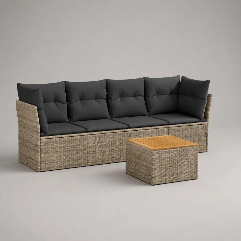 4-Sitzer-Gartenbank-Set mit Beistelltisch aus PE-Rattan und Akazienmassivholz, Beige/Anthrazit/Braun, Bank 230 x 70 x 75 cm, Tisch 65 x 65 x 38 cm