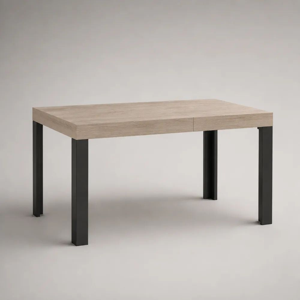 Ausziehbarer Esstisch aus melaminharzbeschichteter Spanplatte mit Stahlbeinen, Hellbeige/Schwarz, 120–160 x 80 x 75 cm