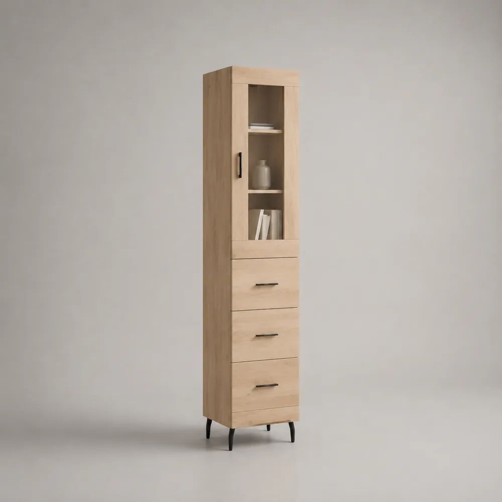 Vitrinenschrank Hochschrank aus Holz mit Glastür und 3 Schubladen, Eiche natur/Schwarz, 40 x 35 x 180 cm