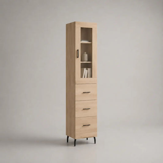 Vitrinenschrank Hochschrank aus Holz mit Glastür und 3 Schubladen, Eiche natur/Schwarz, 40 x 35 x 180 cm