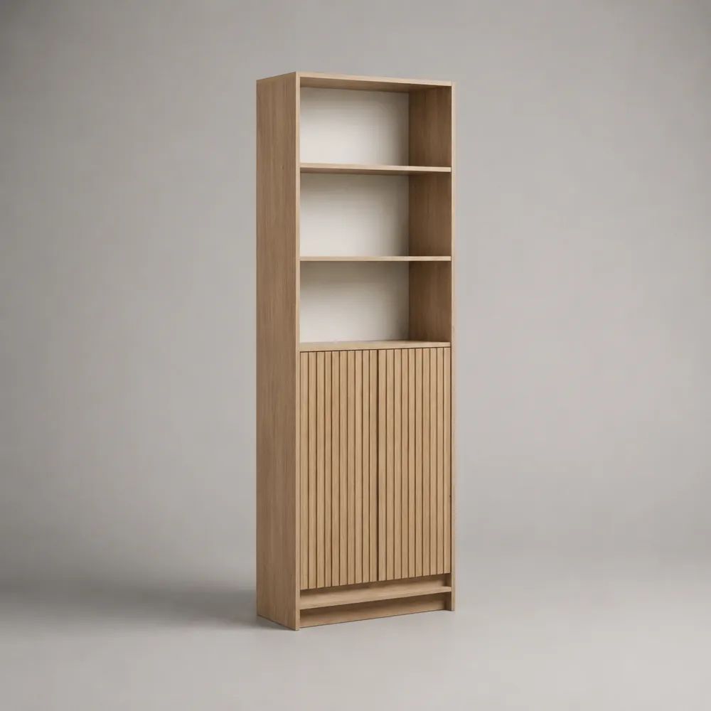 Hochschrank aus Spanplatte und MDF mit 3 offenen Fächern und 2 Türen, Eiche hell/Beige, 60 × 35 × 180 cm