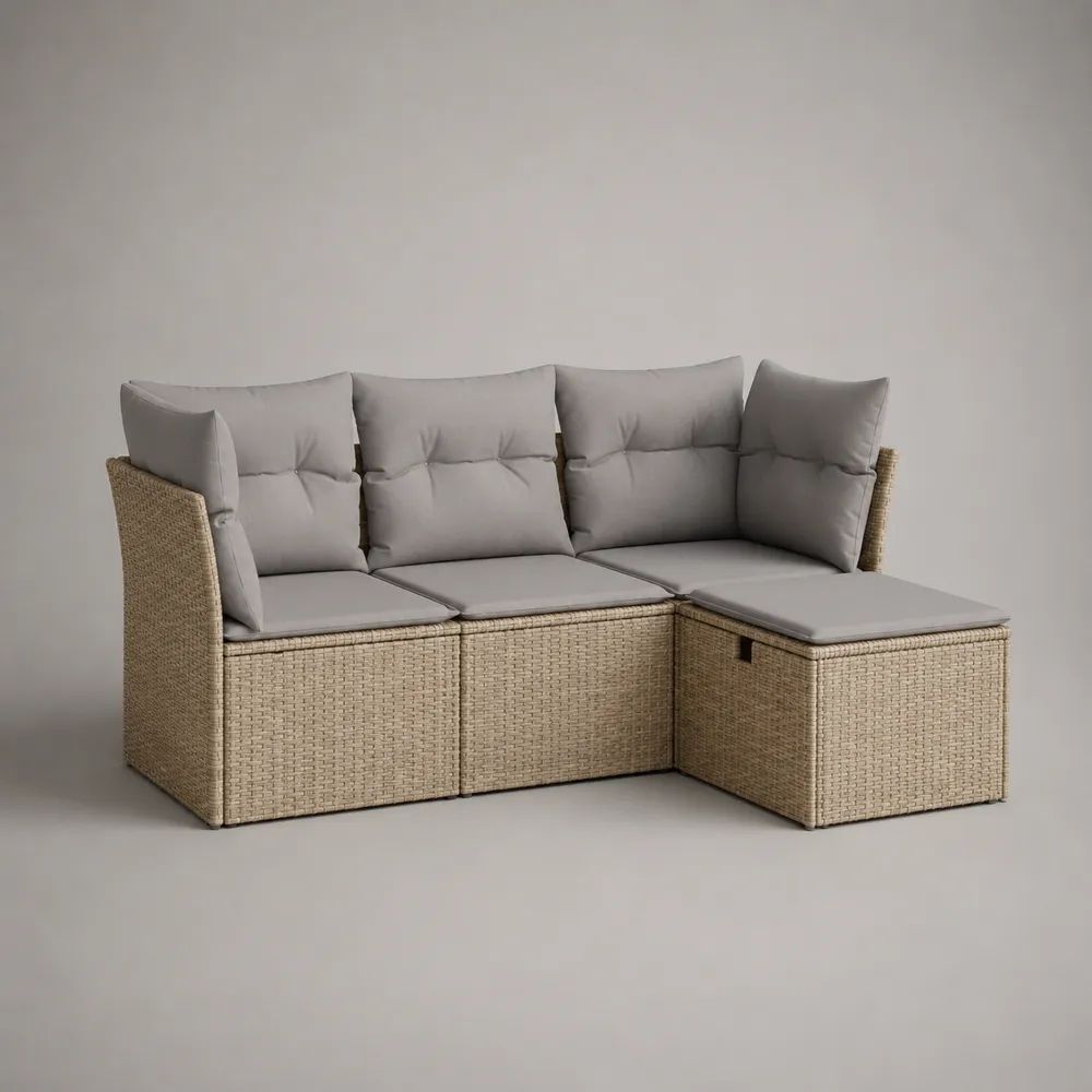 4-teiliges Gartenlounge-Set, L-förmiges Ecksofa mit Hocker aus PE-Rattan und Stahl, Beige/Grau, 198 × 132 × 78 cm