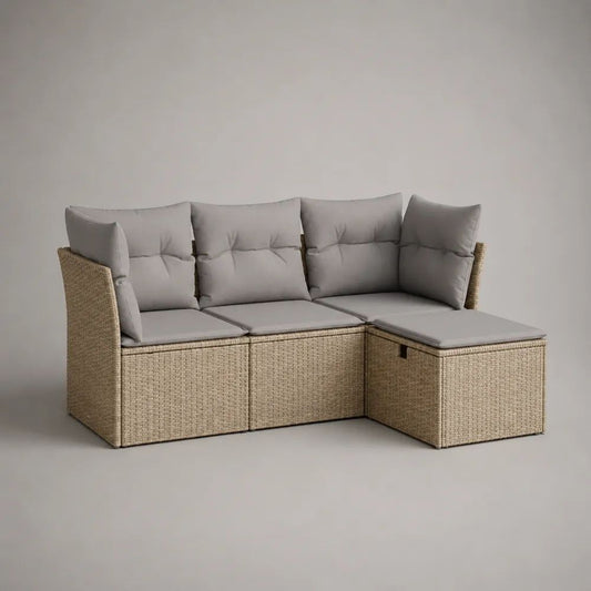 4-teiliges Gartenlounge-Set, L-förmiges Ecksofa mit Hocker aus PE-Rattan und Stahl, Beige/Grau, 198 × 132 × 78 cm