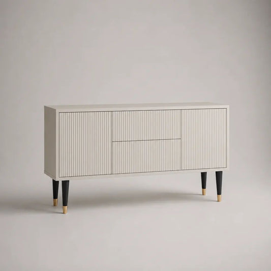 Rechteckiges Sideboard aus MDF mit 2 Türen und 2 Schubladen, Cremeweiß/Schwarz/Gold, 140 × 40 × 80 cm