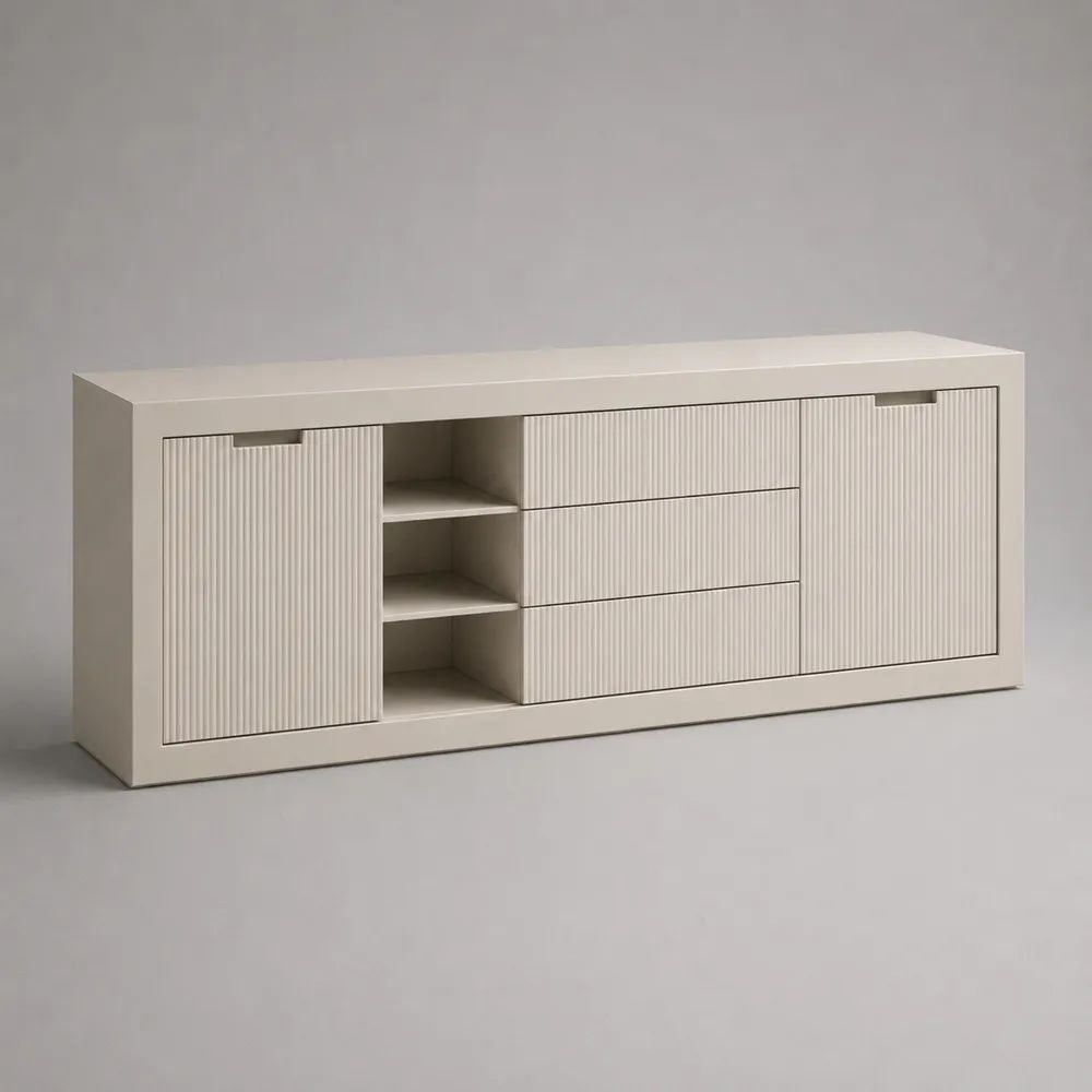 Beiges Sideboard aus MDF mit 2 Türen, 3 Schubladen und 3 offenen Fächern, 180 × 40 × 75 cm