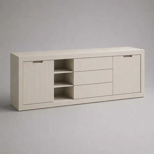 Beiges Sideboard aus MDF mit 2 Türen, 3 Schubladen und 3 offenen Fächern, 180 × 40 × 75 cm