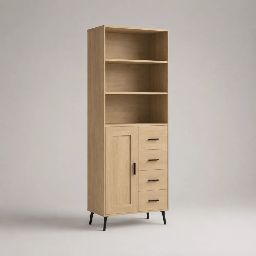 Highboard aus Spanplatte und Stahl mit 4 Schubladen, 1 Tür und 3 offenen Fächern, Eichefarben/Schwarz, 80 × 40 × 190 cm