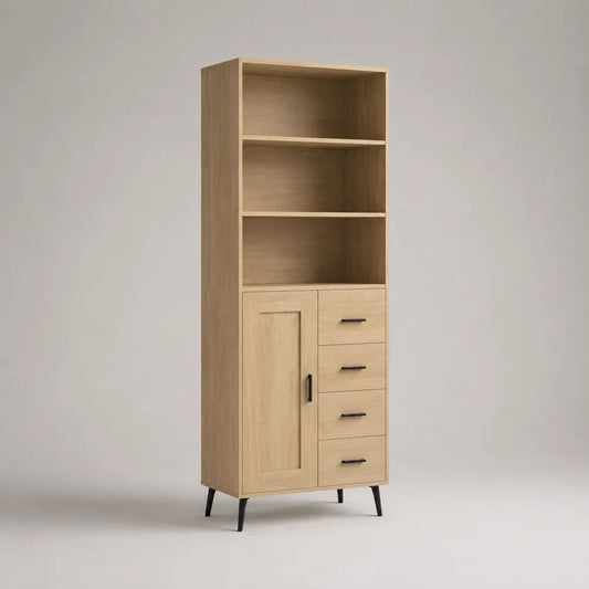 Highboard aus Spanplatte und Stahl mit 4 Schubladen, 1 Tür und 3 offenen Fächern, Eichefarben/Schwarz, 80 × 40 × 190 cm