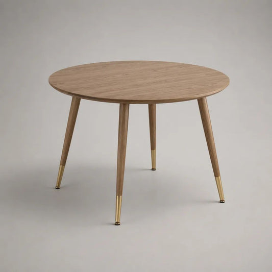 Runder Esstisch aus Holz mit Eichenfurnier und Massivholzbeinen, Naturbraun/Gold, Ø 100 × H 75 cm