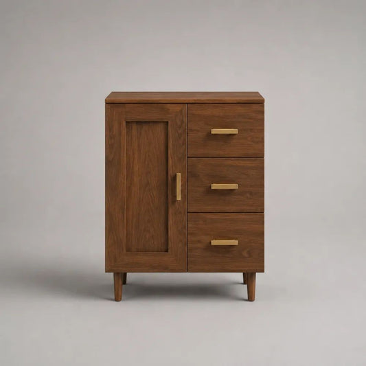 Highboard aus MDF und Spanplatte mit 1 Tür und 3 Schubladen, Walnussbraun/Messingfarben, 80 x 40 x 105 cm
