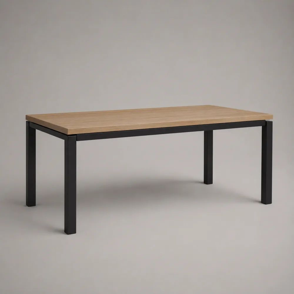 Rechteckiger Esstisch mit MDF-Tischplatte in Eichefarben und schwarzem Stahlgestell, 140 × 80 × 75 cm