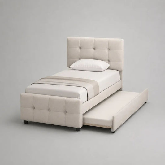 Polsterbett mit Ausziehbett aus Polyester und Kiefernholz, Creme, Liegeflächen 90 × 200 cm und 90 × 190 cm