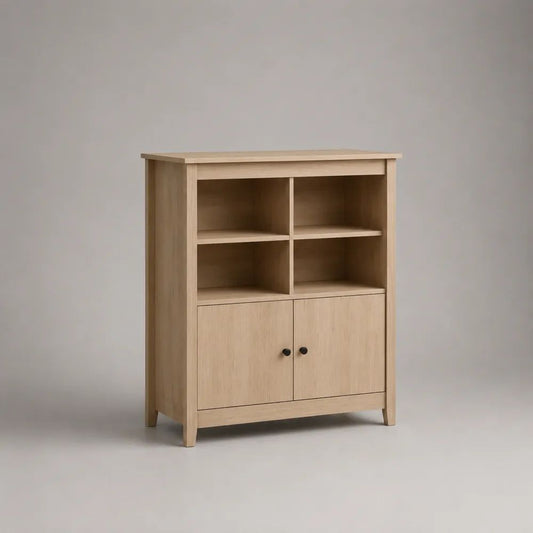 Buffetschrank mit 4 offenen Fächern und 2 Türen aus Eichenfurnier und massivem Eichenholz, Eiche hell, 90 × 40 × 110 cm