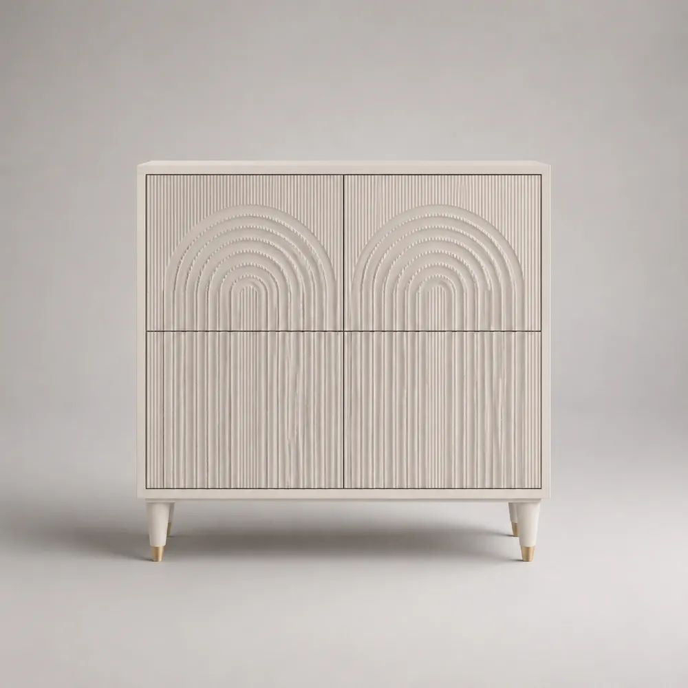 Beiges Sideboard aus lackiertem MDF mit 4 Türen und Metallakzenten, 90 × 40 × 100 cm