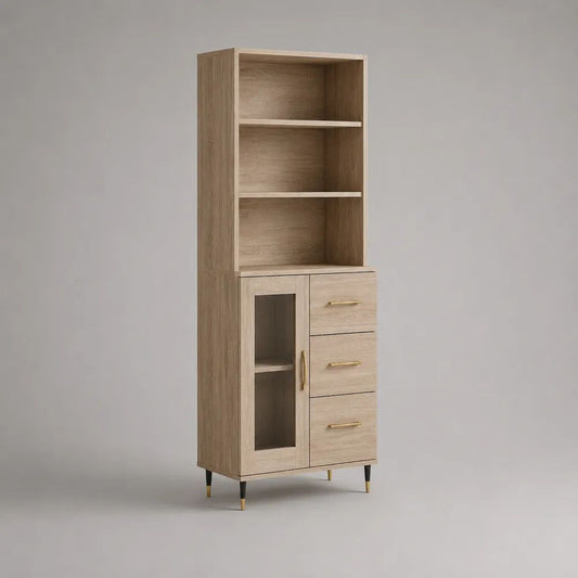 Buffetschrank mit offenem Regal, Glastür und 3 Schubladen aus Spanplatte, Eichefarben, 70 × 40 × 190 cm