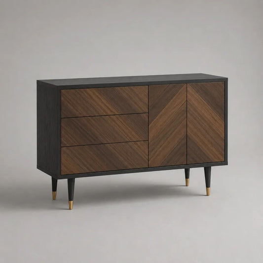 Rechteckiges Sideboard aus MDF mit Walnussfurnier, 3 Schubladen und 2 Türen, Dunkelbraun/Schwarz/Messingfarben, 120 × 40 × 80 cm
