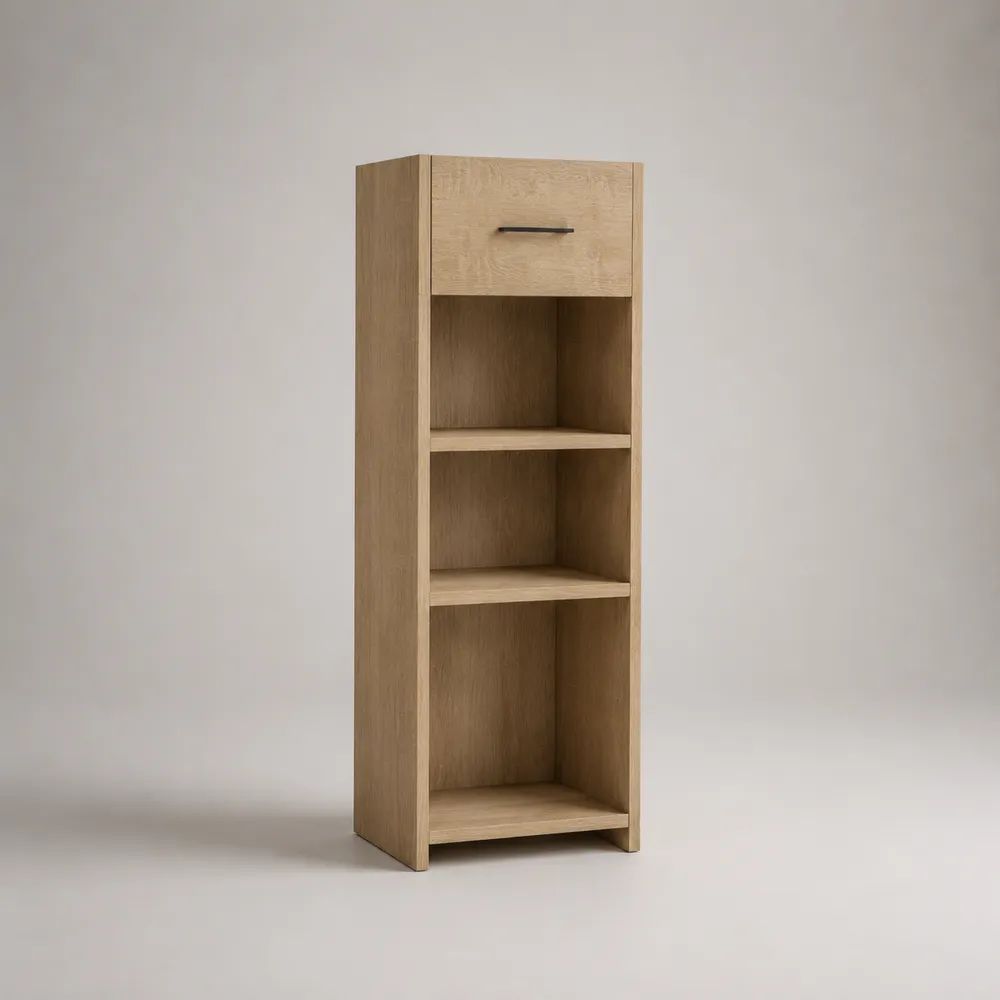 Hochschrank mit Schublade und 3 offenen Fächern aus melaminbeschichteter Spanplatte, Eiche Natur/Schwarz, 40 × 35 × 140 cm