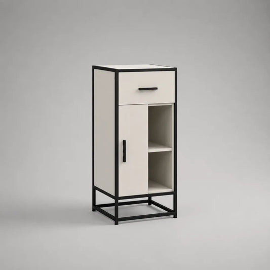Highboard aus MDF und Stahl mit Tür, Schublade und 2 offenen Fächern, Weiß/Schwarz, 45 × 35 × 110 cm