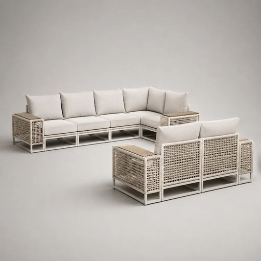 Gartenlounge-Set 7-Sitzer, L-förmiges Ecksofa 270 × 210 × 75 cm und Zweisitzer 150 × 75 × 75 cm, Aluminium, PE-Rattan und Polyester, Cremeweiß/Beige/Hellbraun