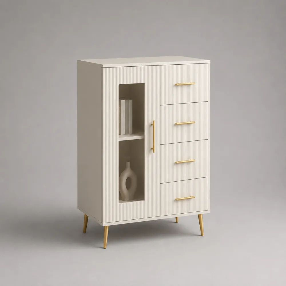Highboard aus Holz mit Glastür und 4 Schubladen, geriffelt, Weiß/Gold, 80 × 40 × 120 cm