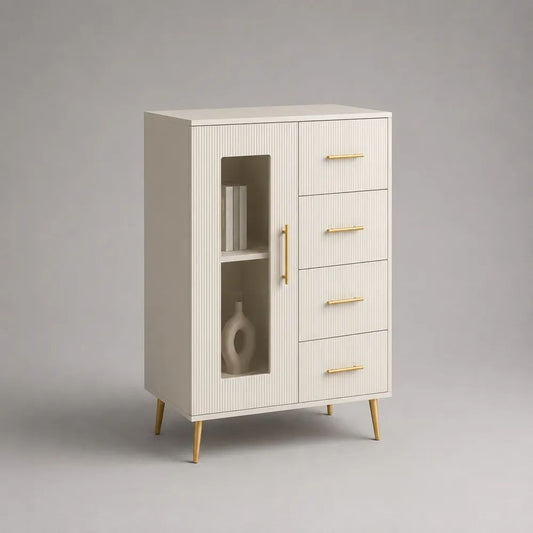 Highboard aus Holz mit Glastür und 4 Schubladen, geriffelt, Weiß/Gold, 80 × 40 × 120 cm