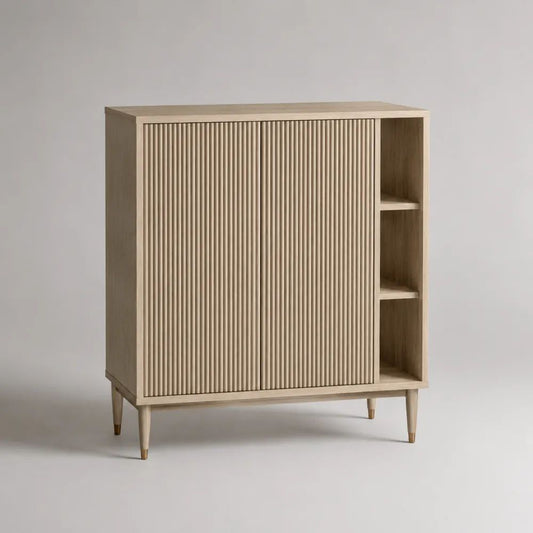Highboard mit 2 Lamellentüren und 3 offenen Fächern aus MDF mit Eichenfurnier, Naturbeige, 100 × 40 × 120 cm