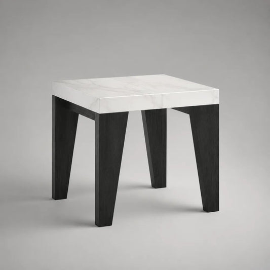 Quadratischer Esstisch 80 x 80 x 75 cm mit MDF-Platte in weißer Marmoroptik und schwarzen Massivholzbeinen