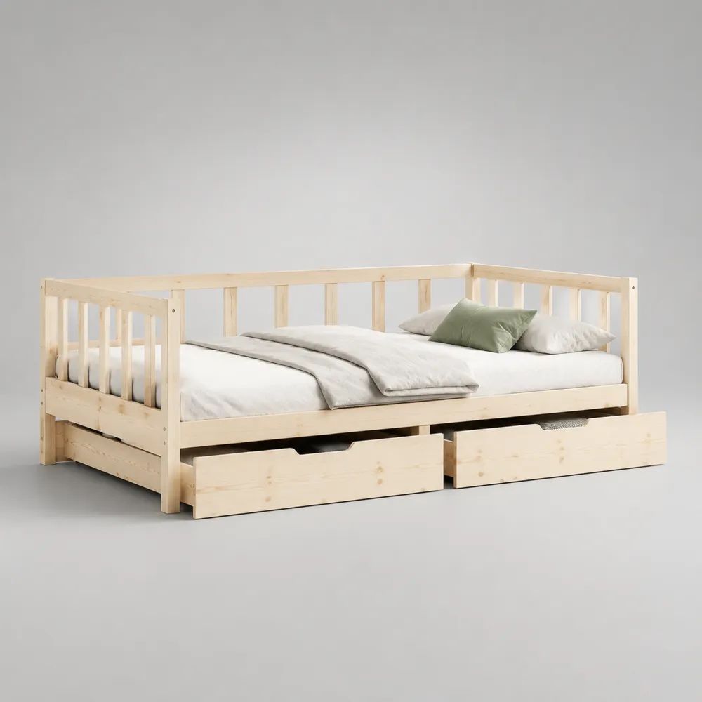 Tagesbett aus Massivholz mit 2 Schubladen, Natur, Liegefläche 90 × 200 cm, Gesamtmaß 205 × 97 × 80 cm