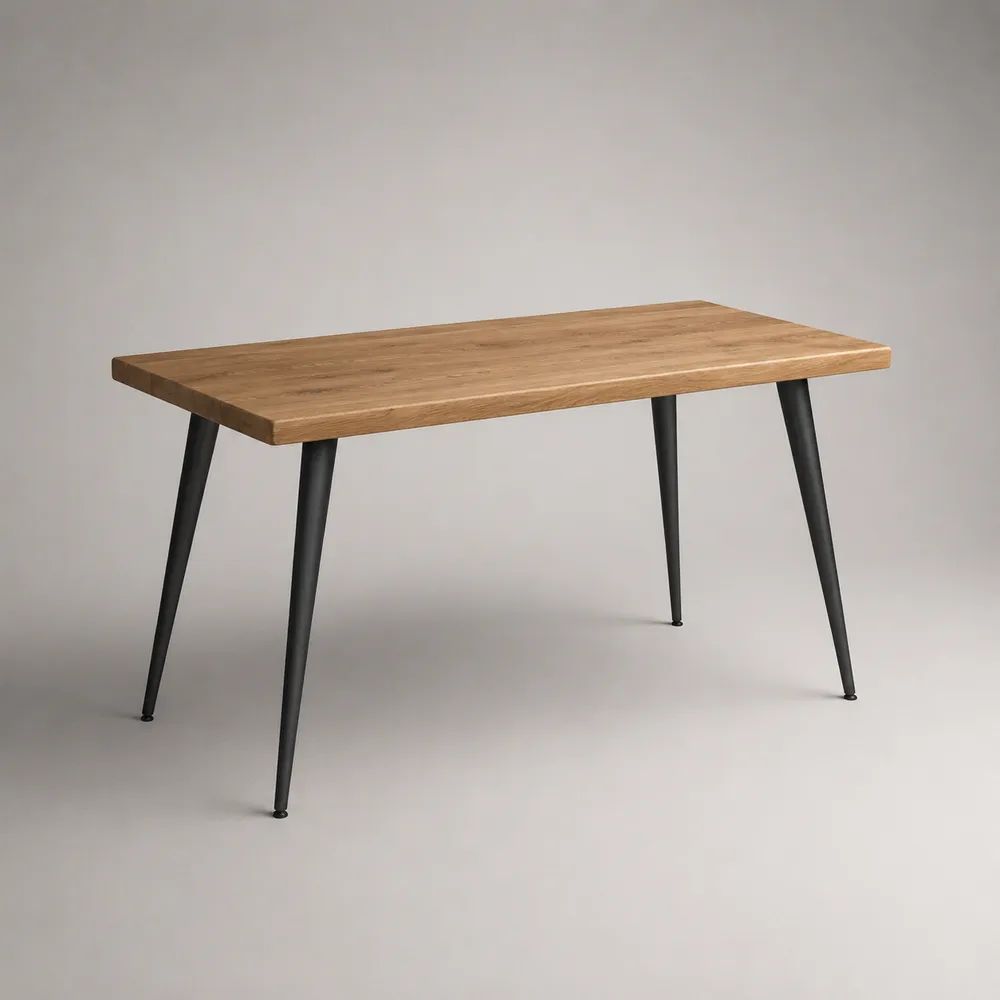 Rechteckiger Esstisch aus massiver Eiche mit Stahlbeinen, Natur/Schwarz, 140 × 80 × 75 cm